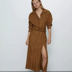 ZARA LONG DRAPED DRESS Shirt Dress with Slit Sz M. New